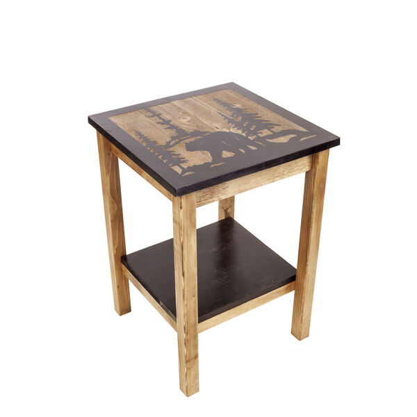 Stain and Black  17-Inch End Table Etched Bear Scene Top and Bottom Shelf, image 1